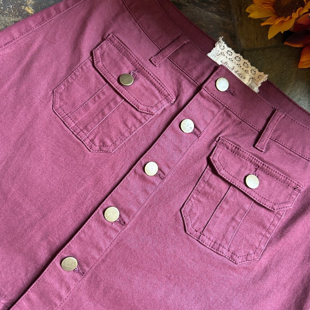 Altar’d State Burgundy Stretch Denim Button-Front Mini Skirt - Picture 3 of 7